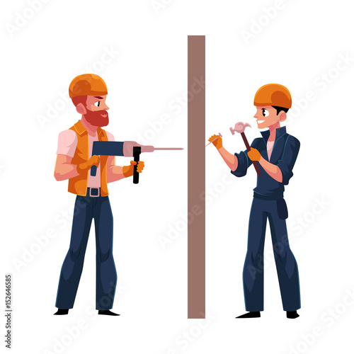 Two workers, builders in helmets and overalls drilling the wall, hammering nails, cartoon vector illustration isolated on white background. Construction workers, builders working on both sides of wall