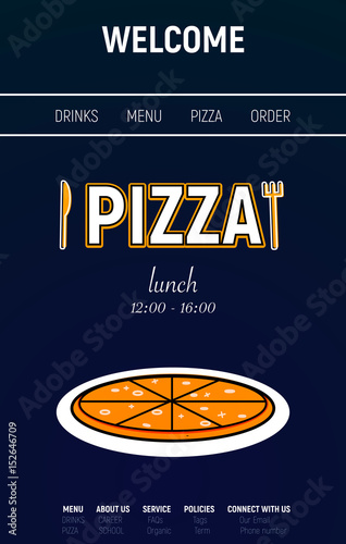 Pizza web site with menu line, fork and knife minimal sport style on  blue background 