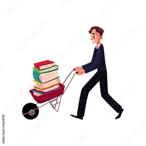Young man, businessman, student, librarian pushing wheelbarrow with book pile, cartoon vector illustration isolated on white background. Man pushing wheelbarrow full of books, study, workload concept