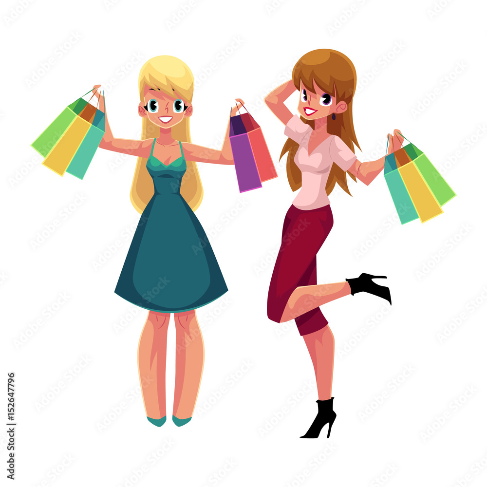 Two happy women, girls, friends with shopping bags, holiday sale concept, cartoon vector illustration isolated on white background. Couple of girls, women with shopping bags, happy shopping concept