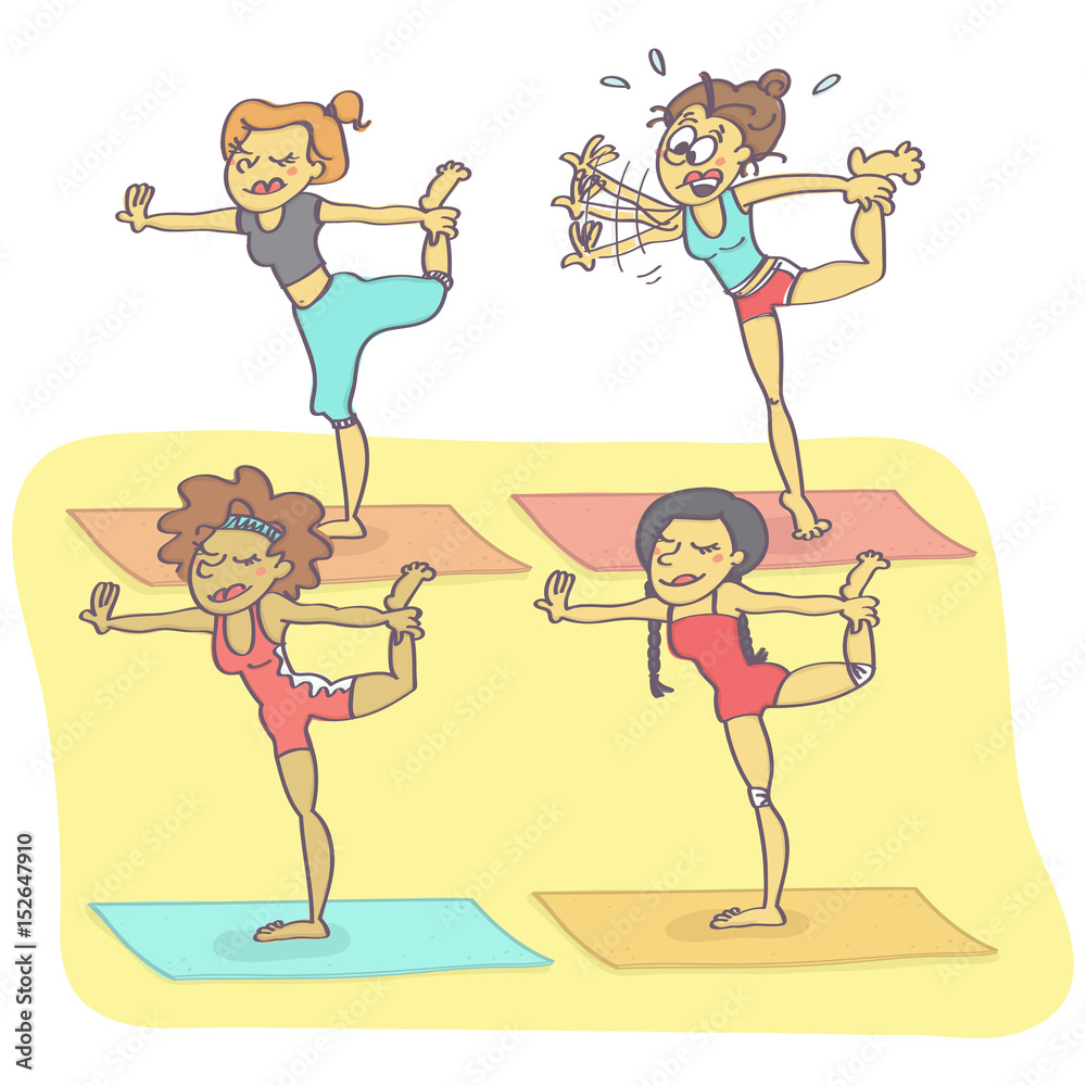 Funny vector cartoon with group of women exercising yoga, one is clumsy  just about to fall down Stock Vector | Adobe Stock