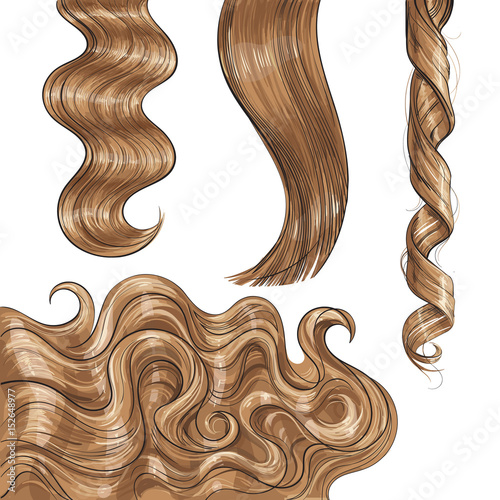 Set of shiny long blond, fair straight and wavy hair curls, sketch style vector illustration isolated on white background. Set of hand drawn realistic healthy, shiny blond, flaxen hair curls