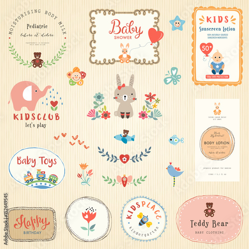 Kids labels and colorful promo signs. Logo collections for children.