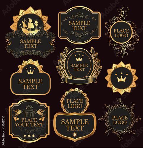 set of vector ornate labels templates in baroque style in black and gold colors