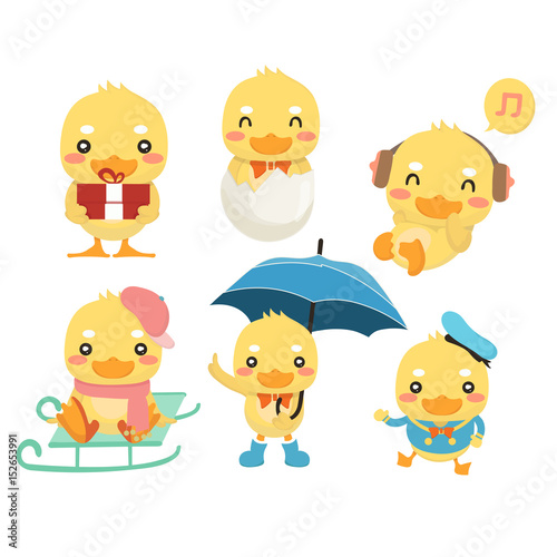 Happy duck cartoon collection set on white background.