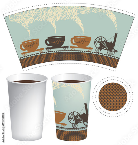 vector template paper cup for hot drink with an old steam locomotive in retro style