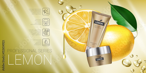 Lemon skin care series ads. Vector Illustration with lemon cream tube and container.