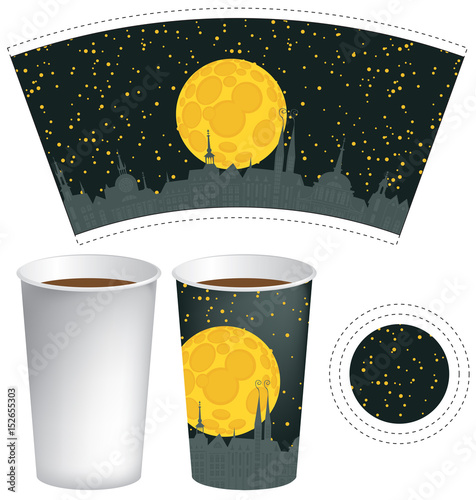 vector template paper cup for hot drink with the background of night old town with moon and starry sky
