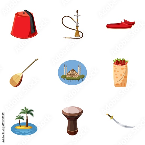 Tourism in Turkey icons set, cartoon style