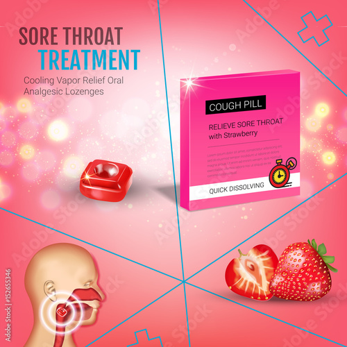 Cough Drops ads. Vector 3d Illustration with strawberry pills for throat.