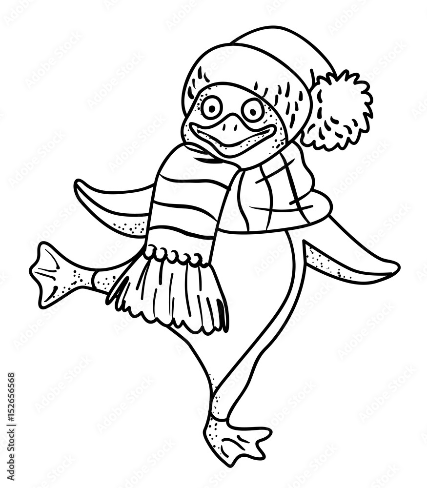 Cartoon image of penguin wearing hat. An artistic freehand picture. Cartoon image of penguin wearing hat. An artistic freehand picture.