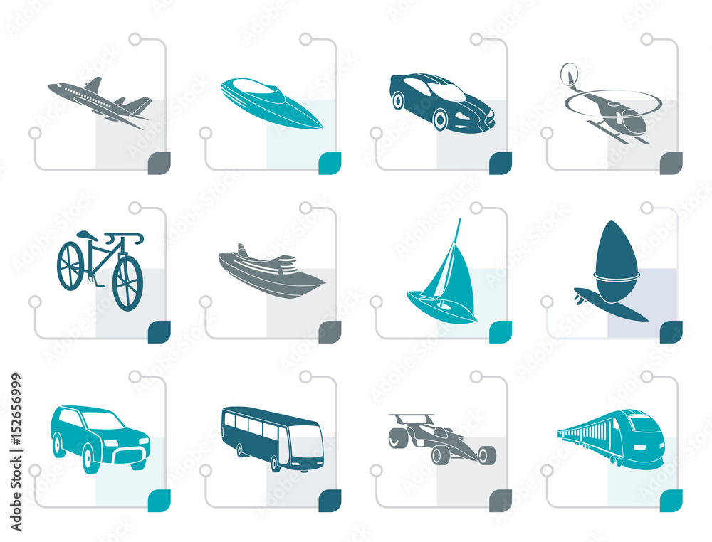 Naklejka premium Stylized different kind of transportation and travel icons - vector icon set