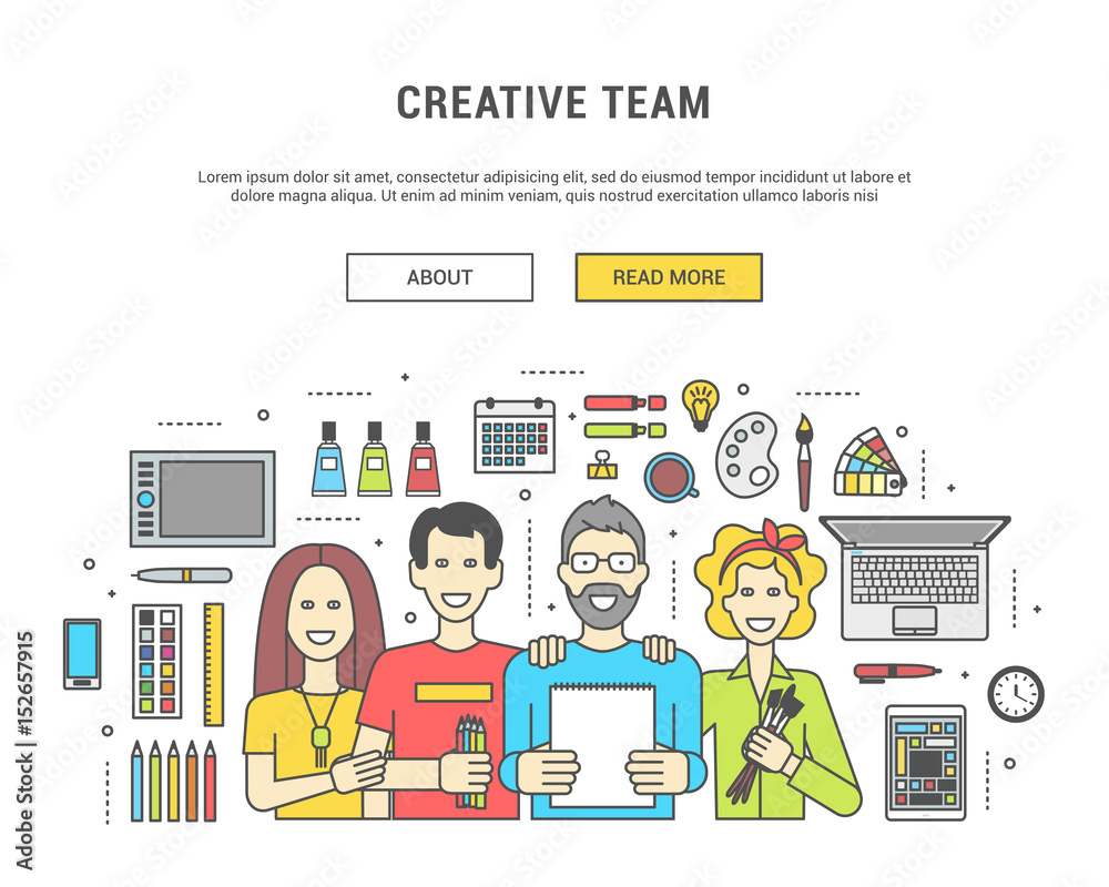 Concept horizontal banner flat line design graphic image. Icons set of creative work flow Items, for web site and application. Vector Illustration Concept horizontal banner flat line design graphic image. Icons set of creative work flow Items, for web site and application. Vector Illustration
