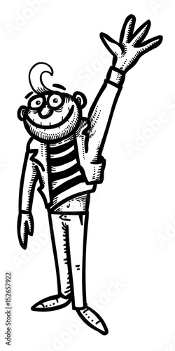 Cartoon image of waving man. An artistic freehand picture.