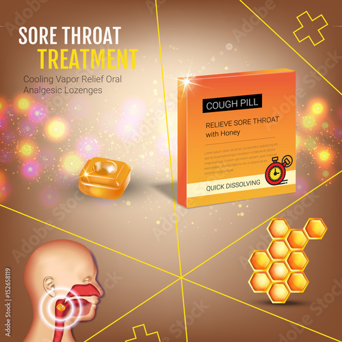 Cough Drops ads. Vector 3d Illustration with honey pills for throat.