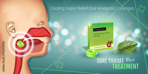 Cough Drops ads. Vector 3d Illustration with mint pills for throat.