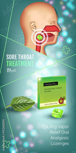 Cough Drops ads. Vector 3d Illustration with mint pills for throat.