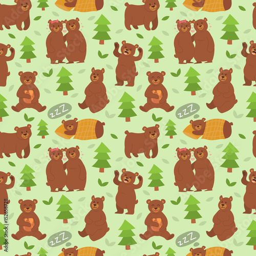 Cartoon bear character different pose vector seamless pattern