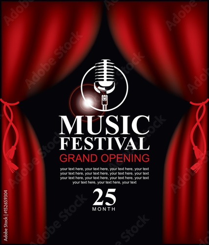 Canvas Print vector poster for a music festival with a red velvet curtain, microphone and the