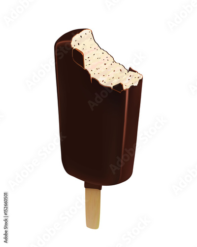 Realistic Ice cream With chocolate inside. Plombir isolated on white background.Bitten plombir on a stick.