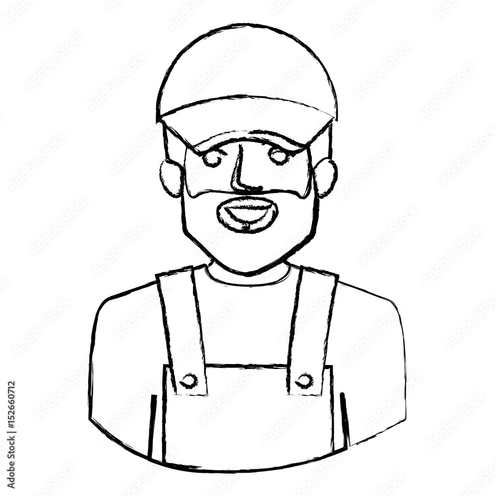 monochrome blurred contour with half body of bearded delivery man vector illustration