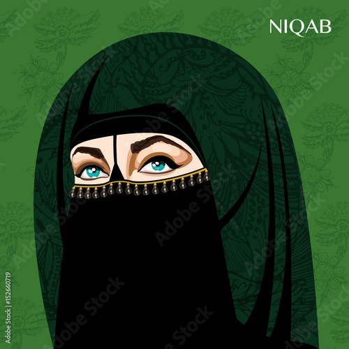 Varieties of traditional Muslim women's clothes - niqab. Look and rules of wearing Islamic clothing. Vector Illustration
