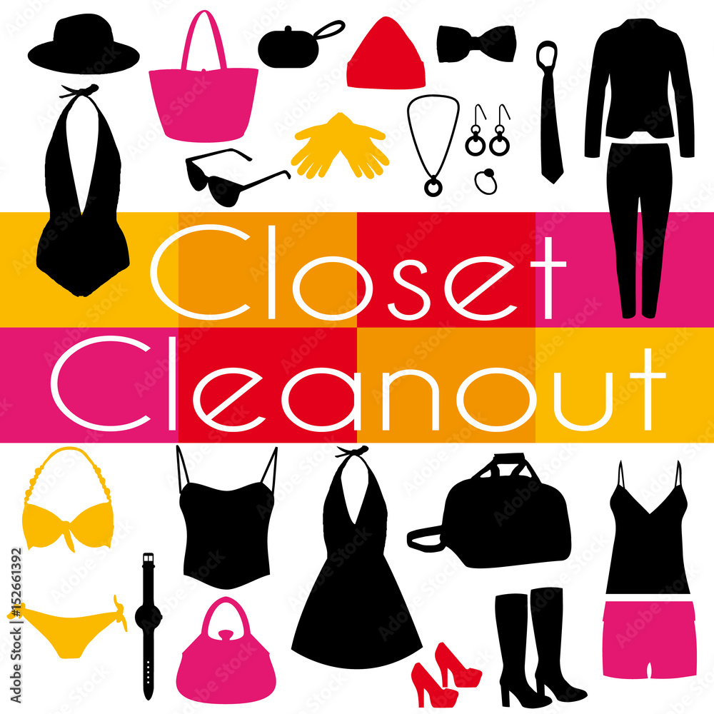 Closet cleanout event. Vector poster. Multicolored fashion clothing ...