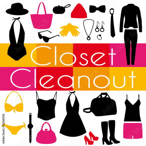 Closet cleanout event. Vector poster. Multicolored fashion clothing.