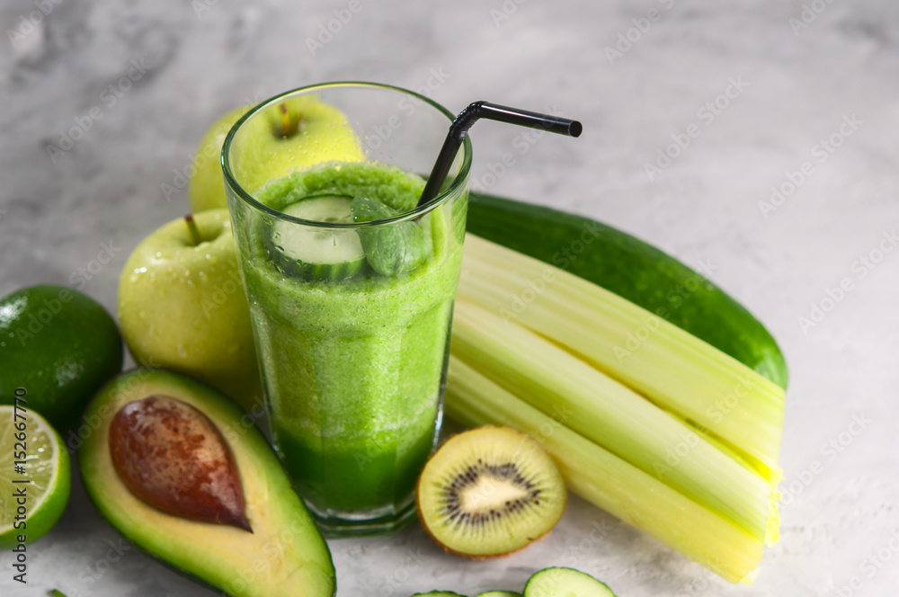 Fresh green smoothies from the green fruits and vegetables.Glass bottle. Fresh green smoothies from the green fruits and vegetables.Glass bottle.