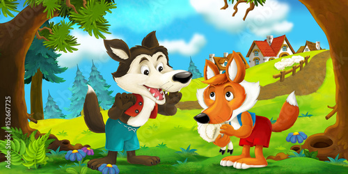 Fototapeta Naklejka Na Ścianę i Meble -  cartoon scene of a wolf and a fox talking to each other after stealing sheep from the village - illustration for children