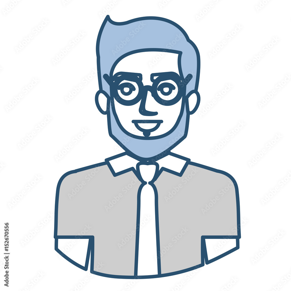blue silhouette with half body of man with glasses and shirt with tie and bearded vector illustration