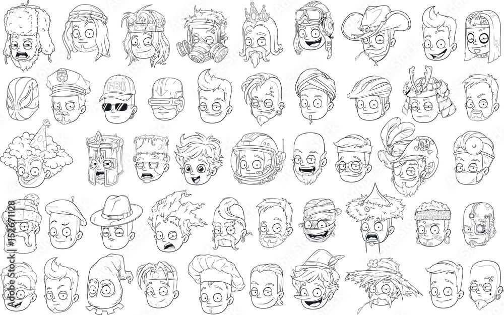 Funny different cartoon black and white characters heads big vector set for coloring Funny different cartoon black and white characters heads big vector set for coloring