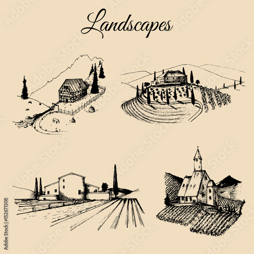 Vector farm landscapes illustrations set. Sketches of villa, vineyard, abbey,agricultural homestead in mountains,fields.