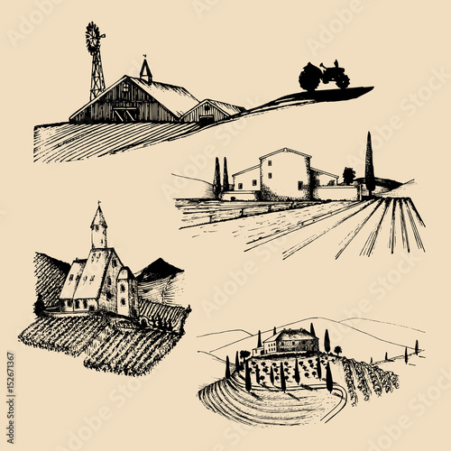 Vector farm landscapes illustrations set. Sketches of villa, vineyard, abbey, agricultural homestead in mountains,hills.