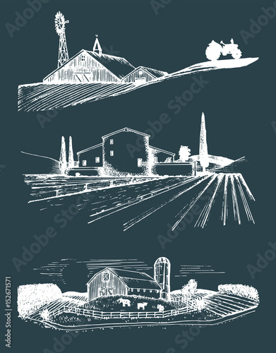 Vector farm landscapes illustrations set. Hand drawn countryside. Drawings of villa, peasants house in fields.