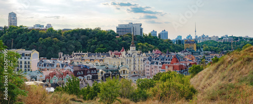 Views of modern and ancient buildings from the Castle hill or Zamkova Hora in Kiev, Ukraine. Castle hill is a historical landmark in the center of the city.