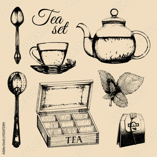 Hand drawn vector tea set. Illustrations collection of kitchen glass and silver appliances in sketch style, cup,pot etc.