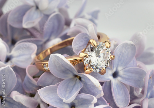 Jewelry Ring with diamond on violet flower, soft focus