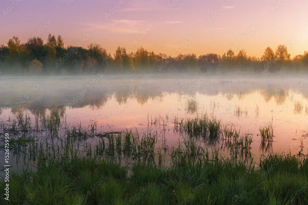 Early morning on lake with trees reflection and mist Early morning on lake with trees reflection and mist