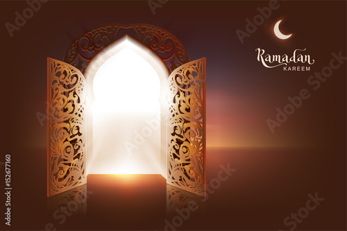 Ramadan Kareem lettering text greeting card. Open door to mosque and moon