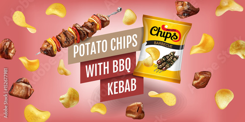 Potato chips ads. Vector realistic illustration with potato chips with BBQ kebab. Horizontal banner with product.