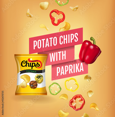 Potato chips ads. Vector realistic illustration of potato chips with paprika. Poster with product.