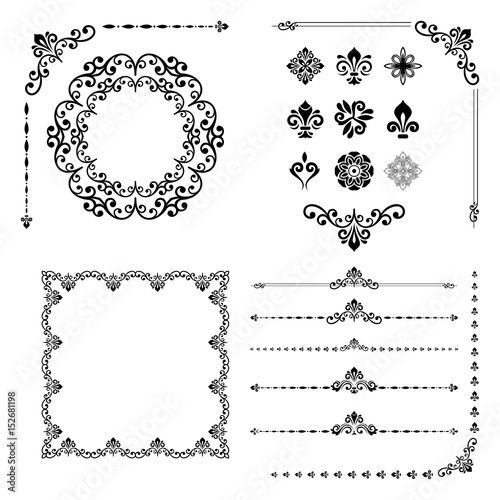 Vintage set of classic elements. Different elements for decoration and design frames, cards, menus, backgrounds and monograms. Classic patterns. Set of vintage patterns