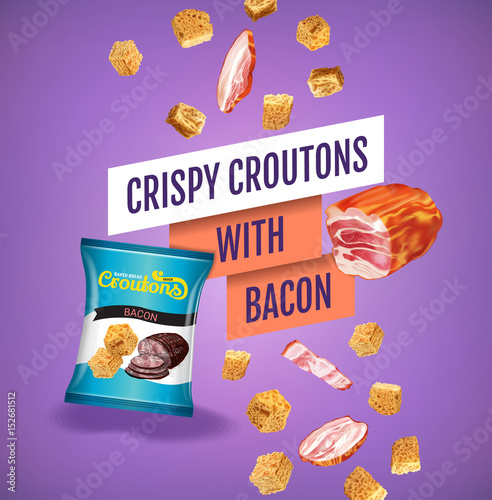 Vector realistic illustration of croutons with bacon.