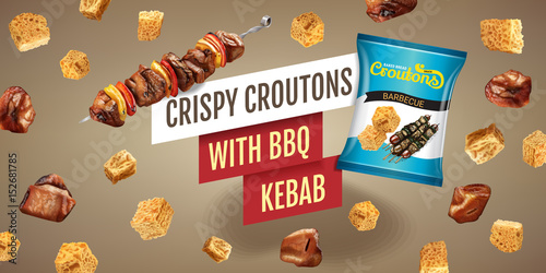 Vector realistic illustration of croutons with BBQ kebab.