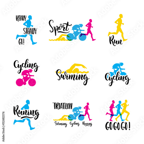 Sports logo with colored letters hand written on the topic of Cycling, swimming, running, triathlon