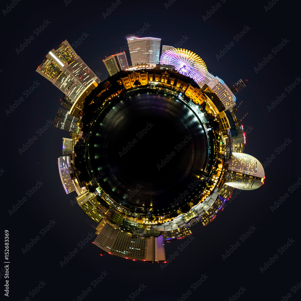 Circle panorama of urban city night view, such as if they were taken with a fish-eye lens