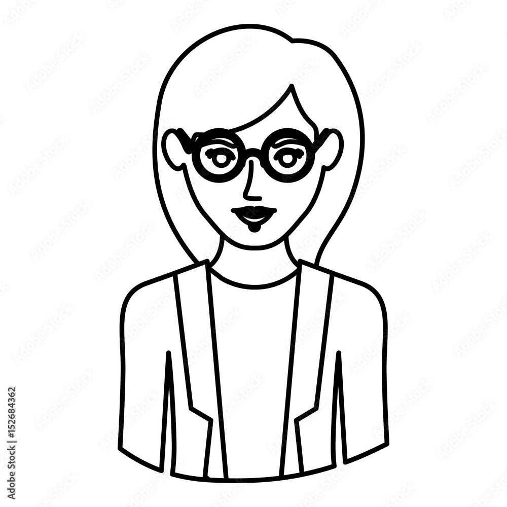 monochrome contour half body of woman with glasses and formal suit vector illustration