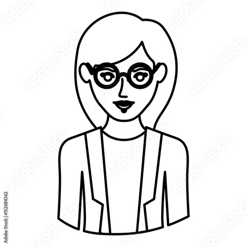 monochrome contour half body of woman with glasses and formal suit vector illustration