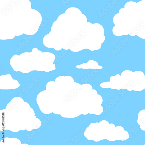 Blue sky with white clouds. Hand drawn seamless pattern. Vector illustration in cartoon style